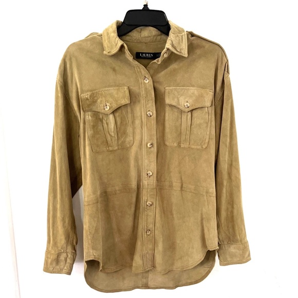 Lauren Ralph Lauren Goat Suede Birch Tan Long Sleeve Button Up Shirt Women Sz L - Picture 1 of 16